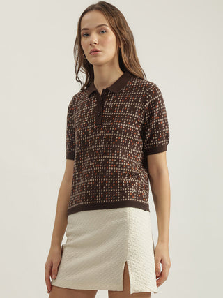 Elle Women Brown Printed Polo Collar Short Sleeves Tshirt