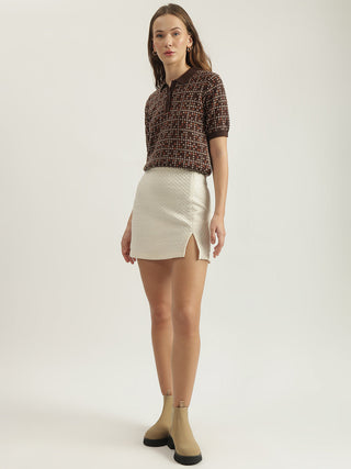 Elle Women Brown Printed Polo Collar Short Sleeves Tshirt