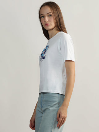 Elle Women Off White Printed Round Neck Short Sleeves Tshirt