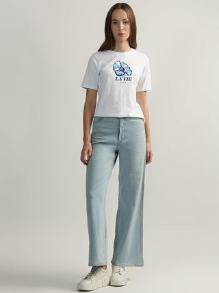 Elle Women Off White Printed Round Neck Short Sleeves Tshirt