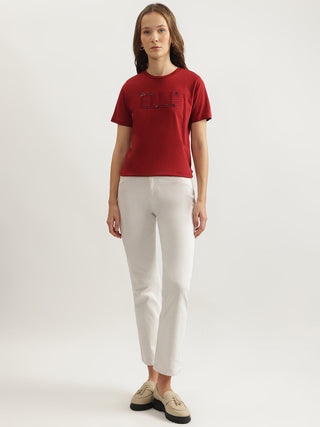 Elle Women Red Solid Round Neck Short Sleeves Tshirt