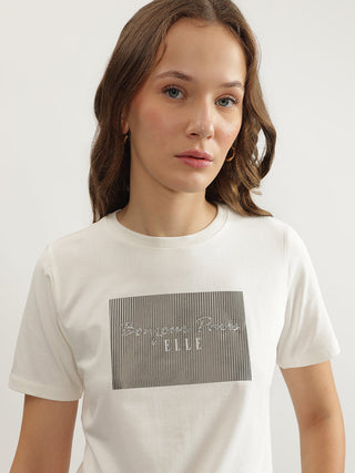 Elle Women White Solid Round Neck Short Sleeves Tshirt