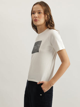 Elle Women White Solid Round Neck Short Sleeves Tshirt
