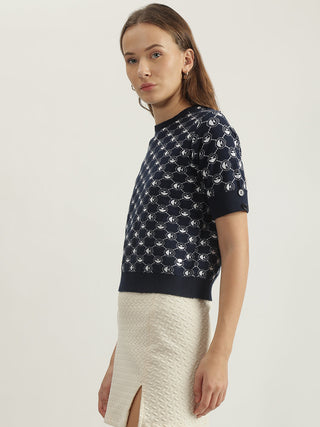 Elle Women Blue Printed Crew Neck Tshirt