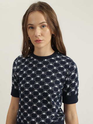 Elle Women Navy Blue Printed Round Neck Short Sleeves Tshirt
