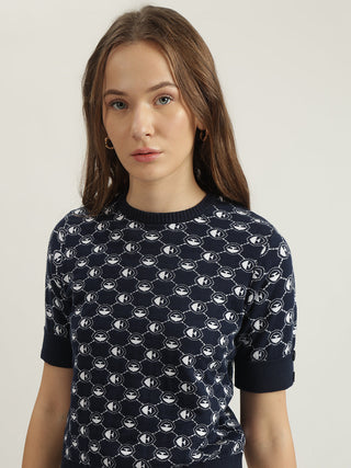Elle Women Blue Printed Crew Neck Tshirt