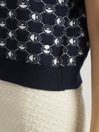 Elle Women Navy Blue Printed Round Neck Short Sleeves Tshirt