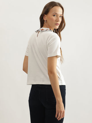 Elle Women Off White Solid Peter Pan Collar Short Sleeves Tshirt