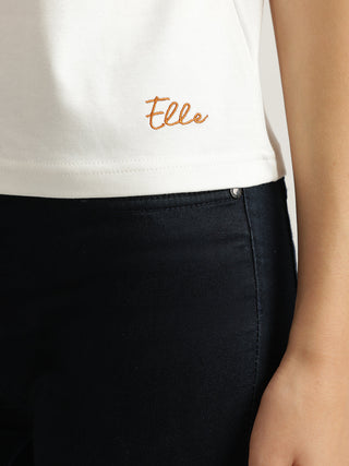 Elle Women Off White Solid Peter Pan Collar Short Sleeves Tshirt