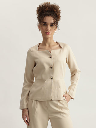 Elle Women Beige Solid Square Neck Top