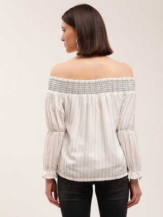 Elle Women White Striped Off Shoulder Top