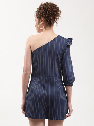 Elle Women Navy Blue Striped Assymetrical Neck Playsuit