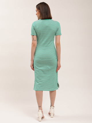 Elle Women Green Striped Round Neck Dress
