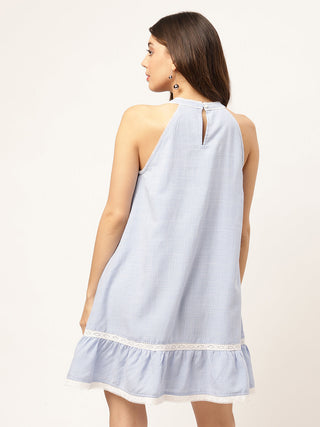 Elle Women Blue Checked Halter Neck Dress