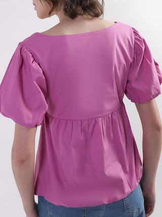 Elle Women Pink Solid Round Neck Top