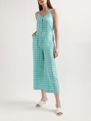Elle Women Green Checked V Neck Jumpsuit