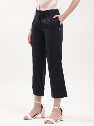 Elle Women Navy Blue Solid Fitted Trouser