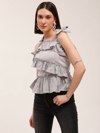 Elle Women Black Striped Assymetrical Neck Top