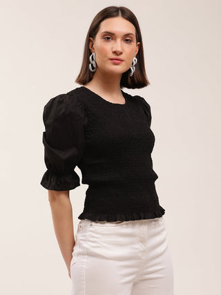 Elle Women Black Solid Round Neck Top