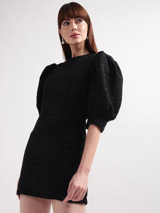 Elle Women Black Solid Band Collar Dress