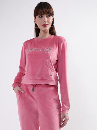 Elle Women Pink Solid Round Neck Sweatshirt