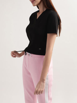 Elle Women Black Solid V Neck TShirt