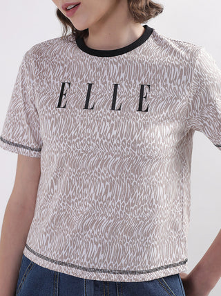 Elle Women Beige Solid Round Neck TShirt