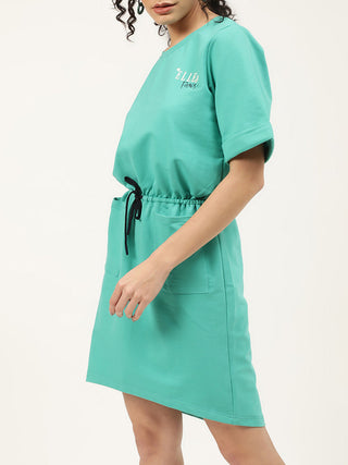 Elle Women Teal Solid Round Neck Dress