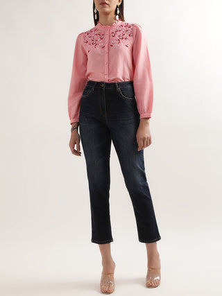 Elle Women Pink Solid Round Neck Top