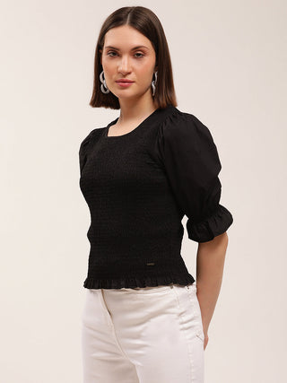 Elle Women Black Solid Round Neck Top