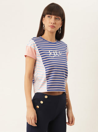 Elle Women Blue Printed Round Neck TShirt
