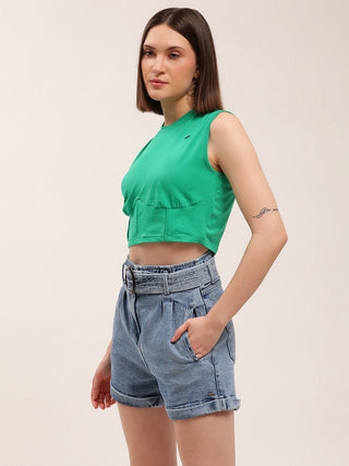 Elle Women Green Solid Round Neck TShirt