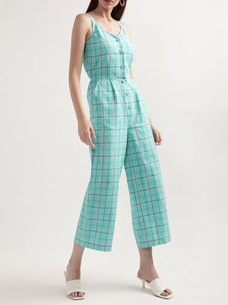 Elle Women Green Checked V Neck Jumpsuit
