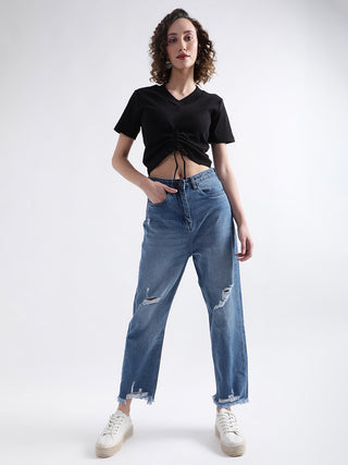 Elle Women Blue Solid Mom Fit Jeans