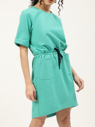 Elle Women Teal Solid Round Neck Dress