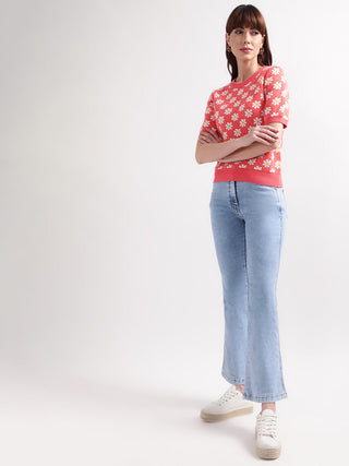 Elle Women Peach Self-Design Round Neck Top