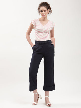 Elle Women Navy Blue Solid Fitted Trouser
