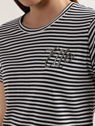 Elle Women Black Striped Tshirt