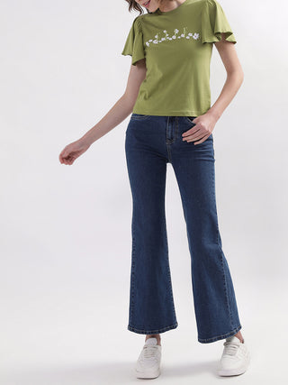 Elle Women Green Solid Round Neck TShirt