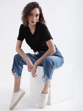 Elle Women Blue Solid Mom Fit Jeans