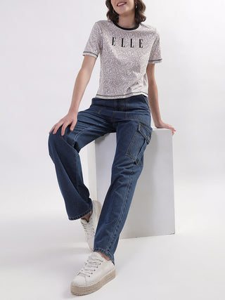 Elle Women Beige Solid Round Neck TShirt