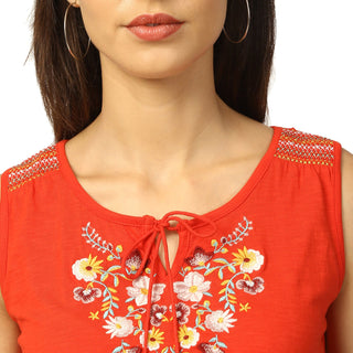 Elle Women Coral Embroidered Round Neck TShirt