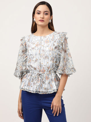 Elle Women Blue Printed Round Neck Top