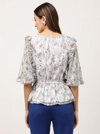 Elle Women Blue Printed Round Neck Top