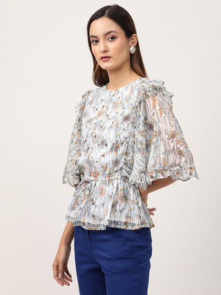 Elle Women Blue Printed Round Neck Top