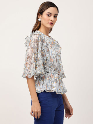 Elle Women Blue Printed Round Neck Top