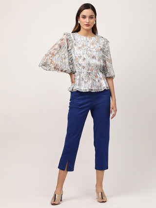 Elle Women Blue Printed Round Neck Top