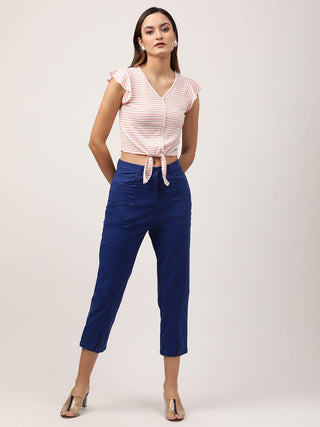 Elle Women Pink Striped V Neck TShirt