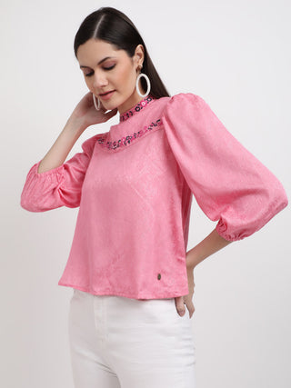 Elle Women Pink Solid Round Neck Top
