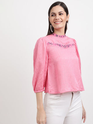 Elle Women Pink Solid Round Neck Top